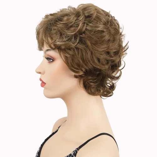 Vista 5 de Lydell Pelucas cortas y onduladas de 6 pulgadas, cabello sintético completo, estilo clásico (12TT26 marrón claro con reflejos)