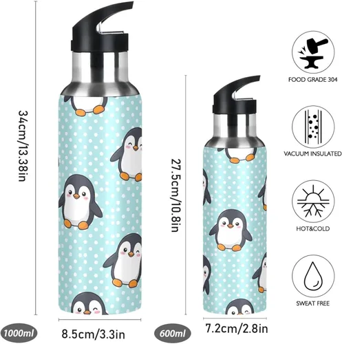 Vista 2 de Stainless Steel Vacuum Insulated Water Bottle 20 Oz, BPA-Free Sports Water Bottle for Gym Outdoor Travel School, Cute Cartoon Penguins Blue