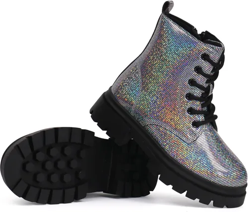 Vista 4 de starmerx Botas de tobillo para niñas, botas de combate con cordones y cremallera lateral, cómodas botas para niños
