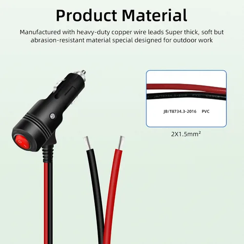 Vista 4 de Adaptador de enchufe de encendedor de cigarrillos de 12 V, 24 V, 16 AWG, resistente, 15 A, repuesto macho a cable desnudo con interruptor