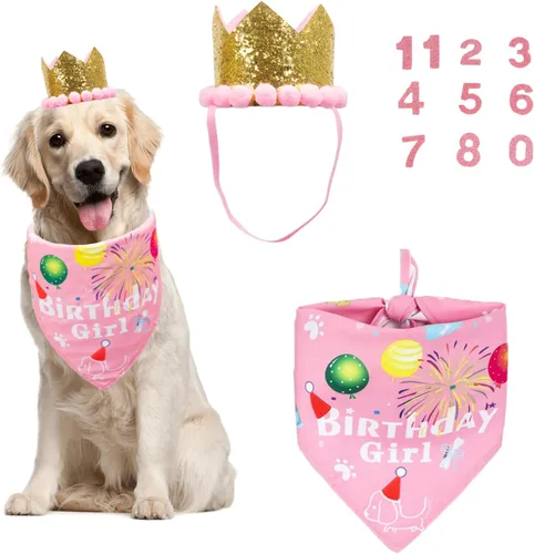 Vista 6 de ADOGGYGO - Bandana de cumpleaños para perro, sombrero de cumpleaños azul, números de edad, talla S 3 tamaños, bandana transpirable, corona dorada