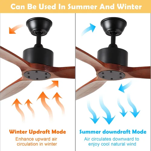 Vista 5 de Ventilador de techo de madera de 3 aspas de 52 pulgadas sin luz, ventilador de techo reversible sin ruido con motor de corriente continua sin luz