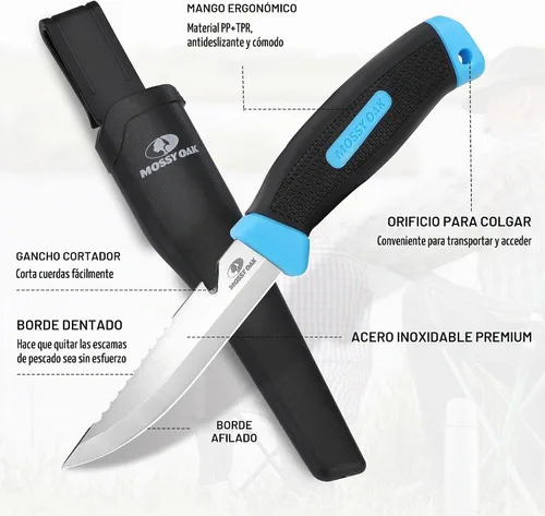 Vista 3 de Mossy Oak Cuchillo de pesca y cebo de 4" con funda protectora