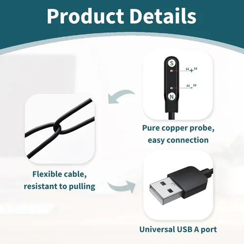 Vista 3 de Paquete de 2 cables de carga magnéticos para reloj inteligente, 2 pines de 0.30 in, cable de carga de repuesto USB compatible con reloj inteligente