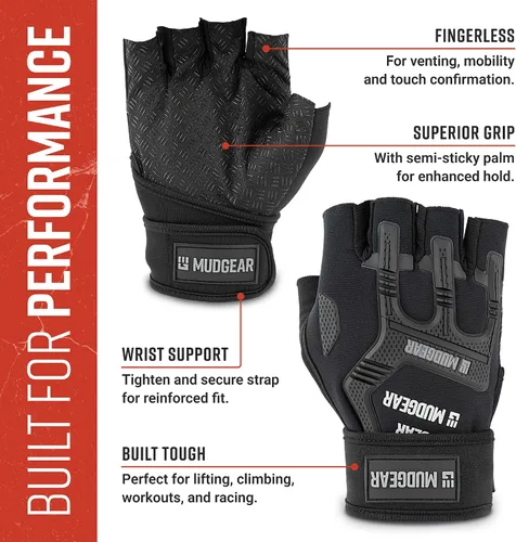 Vista 3 de MudGear Guantes de entrenamiento duraderos sin dedos con soporte de muñeca para carreras de obstáculos y entrenamiento de fitness, mejoran