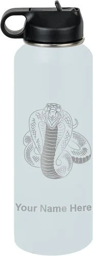 Vista 15 de LaserGram Botella de agua personalizada, serpiente de cobra, acero inoxidable de doble pared aislada al vacío con popote superior, regalo grabado