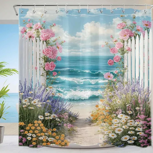 Vista 26 de Cortina de ducha con diseño bohemio de plantas y flores de acuarela sobre fondo beige, cortina de ducha de baño con hojas naturales, cortina