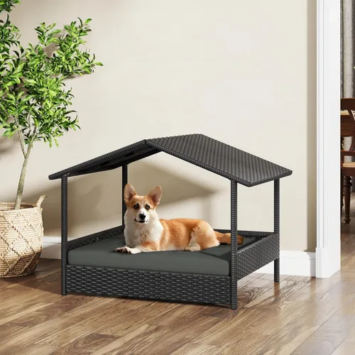 Vista 4 de Yaheetech - Casa de mimbre para perros con toldo, color negro y gris Cama elevada para perros con cojín para perros pequeños/medianos, sombra