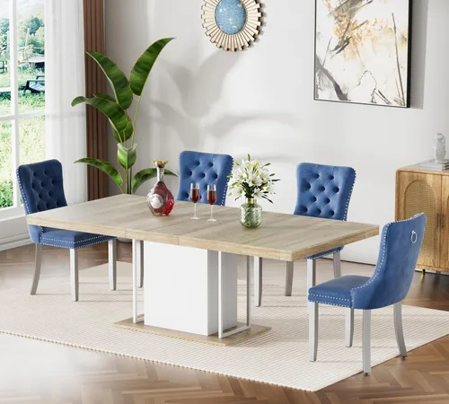 Vista 62 de Mesa de comedor extensible de 78.74 pulgadas para 6 8 y 10 pulgadas, moderna mesa de comedor extensible de granja con base de doble pedestal, mesa