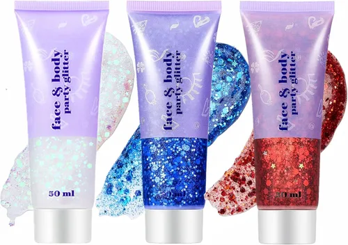Vista 19 de Go Ho Brillantina azul para rostro y cuerpo, pintura facial azul de Halloween, gel brillante de sirena, lentejuelas gruesas holográficas para ojos