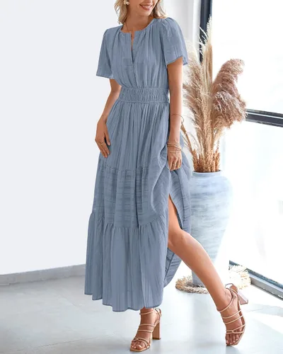 Vista 8 de BTFBM - Vestido largo casual de verano 2026 para mujer, vestido ligero de Gris azulado