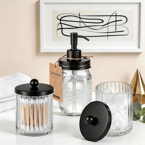 Vista 8 de Amolliar Dispensador de soporte Qtip, tarros de boticario de vidrio Transparente-Negro