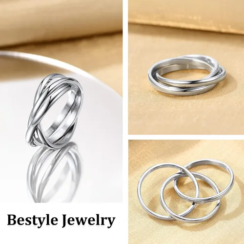 Vista 5 de Bestyle Anillos entrelazados para mujeres y niñas, anillos cruzados apilables de acero inoxidable en tono plataorooro rosanegro, anillo de promesa