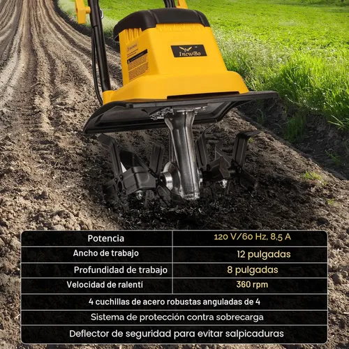Vista 9 de IncwBo 12 Pulgadas 8.5 Amperios Cultivador de Tierra con Cable de 8 Pulgadas de Profundidad, Cultivador Eléctrico de Jardín de 360 RPM con Enchufe