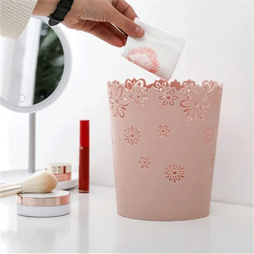 Vista 5 de Emivery 2 cestas de plástico con forma de flor hueca sin tapa, papelera creativa, papelera (rosa, M+S)