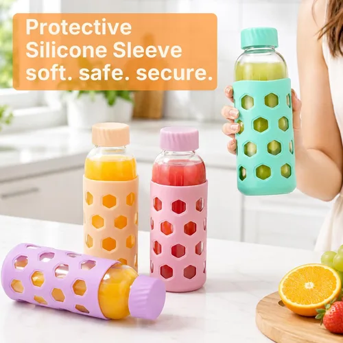 Vista 4 de [Usado] Sursip 16 oz Glass Juice Bottles with Lids, 6 Pack Reusable Clear Glass, Silicone Sleeves and Straws, Leakproof, For Juicing, Smoothies