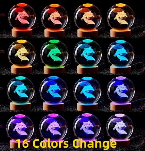 Vista 2 de Lámpara de bola de cristal 3D de Axolotl, lámpara de noche de bola de cristal mejorada de 3.15 pulgadas con 16 colores LED, base de madera, control