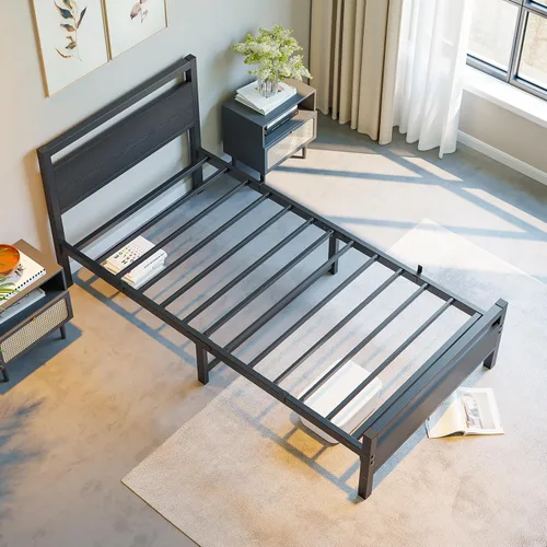 Vista 5 de BOFENG Marco de Cama Individual con Cabecera de Madera, Marco de Cama de Plataforma Individual de Metal Tamaño Individual Sin Somier Necesario Negro