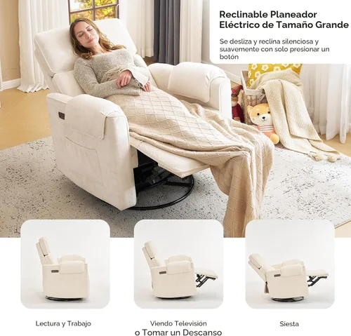 Vista 7 de Silla reclinable eléctrica extragrande, sillón basculante giratorio de 26" extra ancho con reposacabezas ajustable, silla mecedora de chenilla