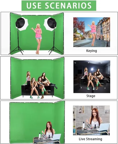 Vista 8 de Telón de fondo de pantalla verde Chromakey portátil de 7.87 pies x 13.12 pies con soporte, sistema de soporte de fondo para fotografía de estudio