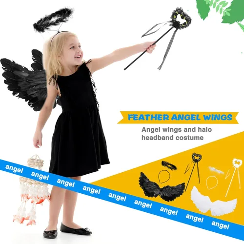 Vista 3 de 6 piezas de alas de ángel para niños y diadema de halo con varita de ángel cosplay para niñas, suministros de fiesta de disfraces de Halloween