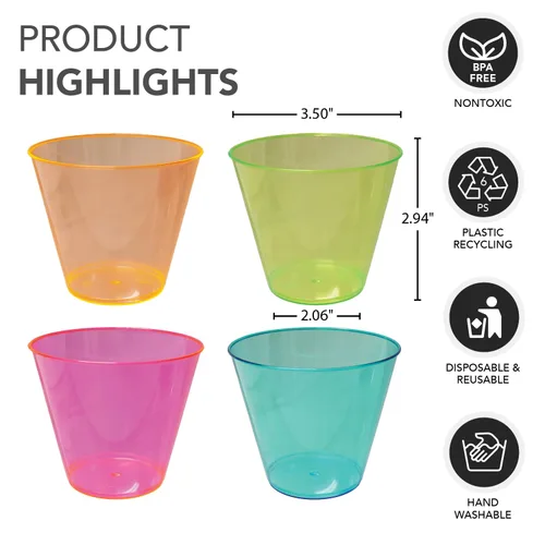 Vista 4 de Vasos de plástico para fiestas de Party Essentials, 9 onzas de capacidad, con brillo, Variado neón, 500