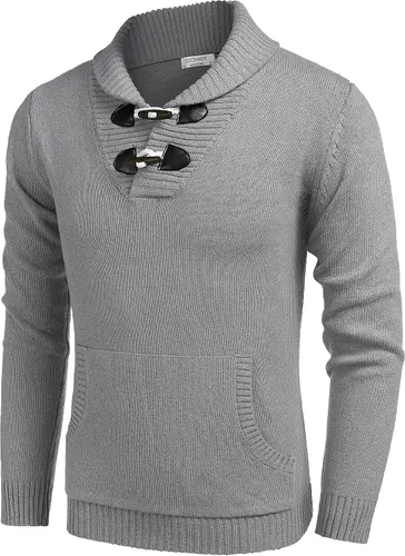Vista 2 de COOFANDY Suéter con cuello de chal para hombre, ajuste relajado, casual, de algodón, tejido de punto trenzado con bolsillos