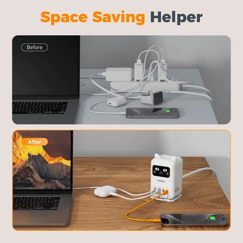 Vista 7 de Cargador de bloque USB C PD 65W, estación de carga TESSAN para múltiples dispositivos, cargador de torre de escritorio con 4 puertos USB para iPhone