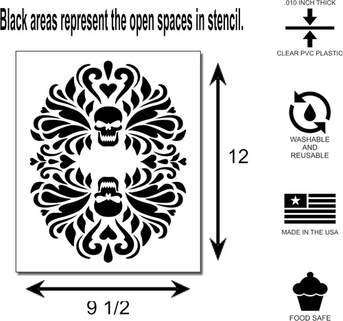 Vista 2 de Plantilla de damasco floral decorativa de doble calavera gótica de 9 1/2 x 12 pulgadas.