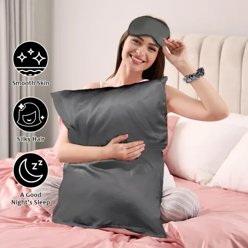 Vista 5 de AUAUY Paquete de 2 fundas de almohada de seda satinada de 19.7 x 29.5 Gris Oscuro