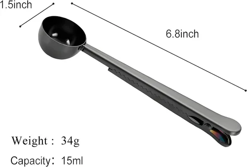 Vista 6 de Cucharas medidoras de café para café molido de acero inoxidable, 1 cucharada con clip para bolsa para café y té, juego de 2 (2 unidades, negro)