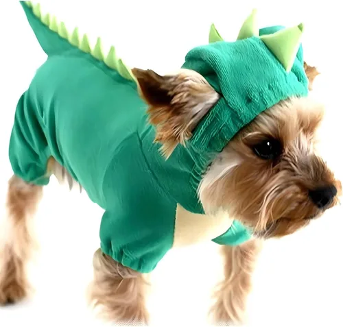 Vista 8 de Disfraz de dinosaurio para perro, ropa de perro de dinosaurio de Halloween, linda ropa para gatos, sudadera divertida con capucha para mascotas Verde