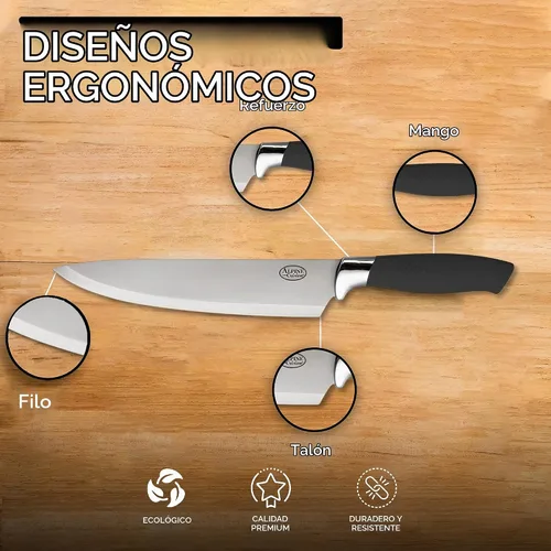Vista 6 de Alpine Cuisine Juego de cubiertos de 3 piezas con mango negro, juego de cuchillos de chef de acero inoxidable para cocina, cuchillo de chef