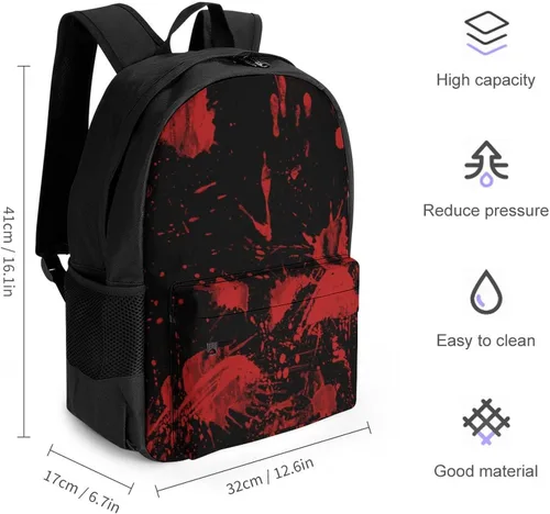 Vista 2 de Mochila ligera para senderismo, trabajo, correr, gran capacidad, multiusos, antirrobo, bolsa de libros clásica de terror con salpicaduras de sangre