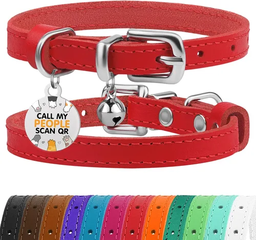 Vista 40 de BRONZEDOG Collar de cuero para gato con campanas extraíbles sin liberación rápida, etiqueta QR para gatito para niña y niño