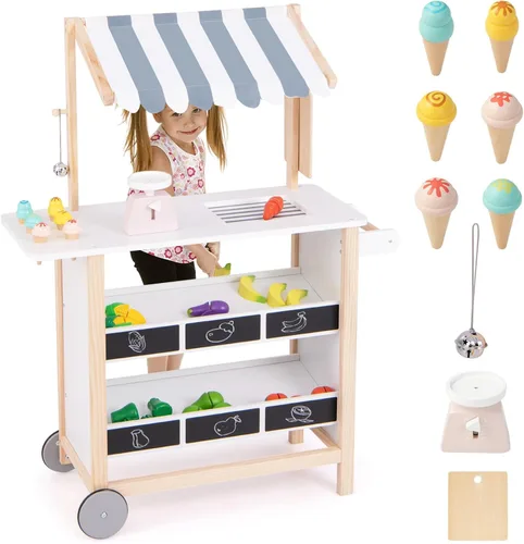 Vista 18 de Costzon Juego de tienda de comestibles para niños, juego de soporte de mercado de simulación para niños pequeños con juguete de juego de 30 piezas