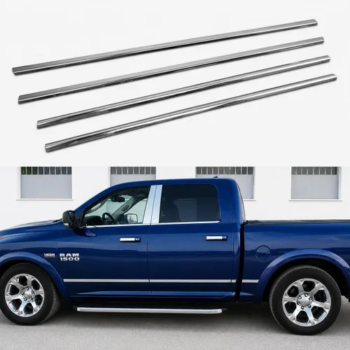 Vista 2 de Juego de alféizares de ventana de acero inoxidable pulido para Ram 1500 2500 3500 HD Crew Cab/Mega Cab 2009-2018