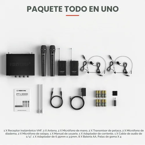 Vista 6 de Phenyx Pro PTV-2000-2H2B sistema de micrófono inalámbrico VHF de 4 canales 2 micrófonos de mano, 2 bodypacks, micrófonos de solapa/auriculares