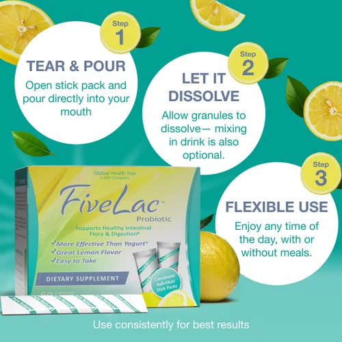 Vista 3 de Global Health Trax GHT - Mezcla de bebida en polvo probiótica de limón FiveLac, probióticos para mujeres, hombres y niños, apoyo y eliminación
