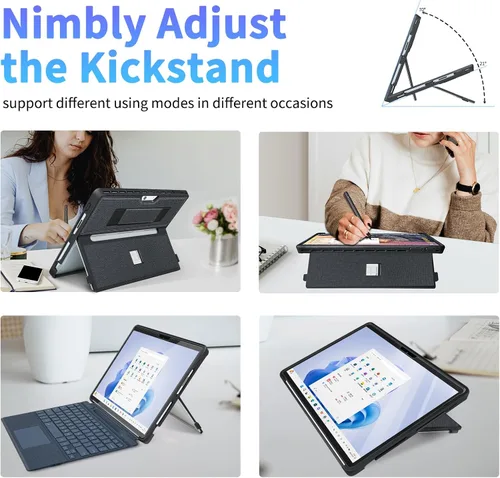 Vista 7 de Funda para Microsoft Surface Pro 11/10/9/8 de 13 pulgadas, con cubierta de soporte, correa de mano, funda resistente todo en uno compatible con Negro