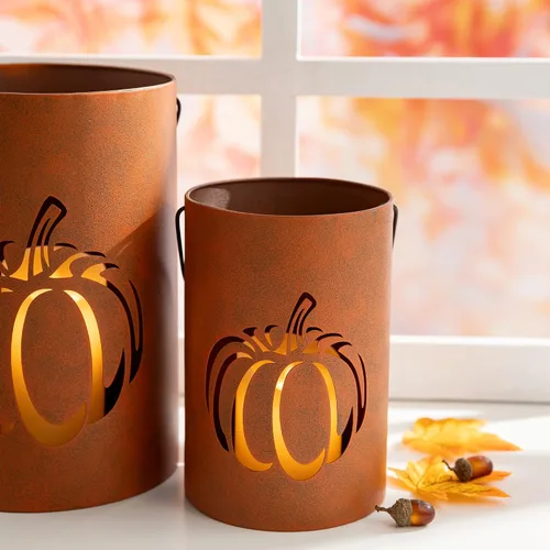 Vista 6 de Glitzhome Paquete de 2 portavelas de calabaza con recortes de Halloween, cubo de metal para Acción de Gracias, letreros decorativos de porche