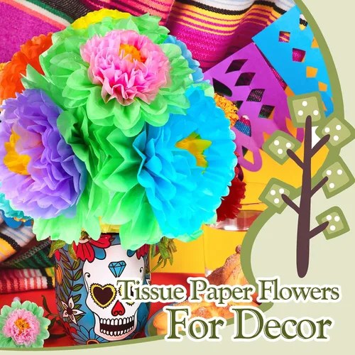Vista 4 de Tigeen Juego de 51 flores de papel mexicanas gigantes de tejido 3D, Mardi Gras, carnavales, crepé colorido, fiesta, flores de papel para pared
