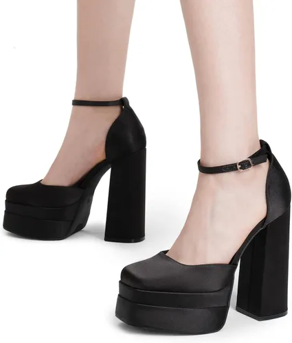 Vista 5 de DREAM PAIRS Zapatos de tacón alto y grueso para mujer, con puntera cerrada, puntera cuadrada, correa en el tobillo, para boda, fiesta, zapatos