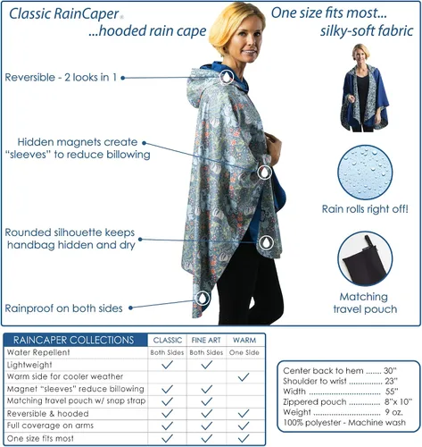 Vista 6 de RainCaper Capa de lluvia para mujer, chaqueta tipo poncho con capucha, reversible, hermosa, ultra suave