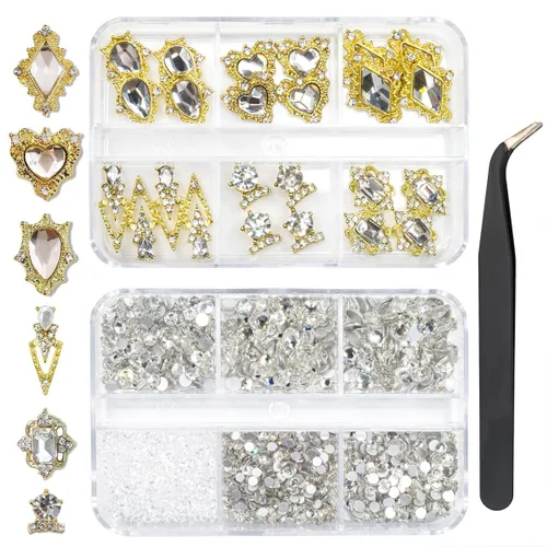 Vista 19 de 24 piezas de piedras brillantes negras para uñas, dijes de uñas de lujo, dijes de corazón negro de jet para uñas, gemas grandes de 3D para uñas