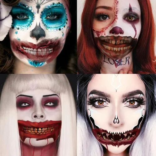 Vista 3 de Tatuajes temporales de Halloween, calcomanías de boca de terror de payaso de Halloween, calcomanías faciales, tatuajes falsos de dibujos animados