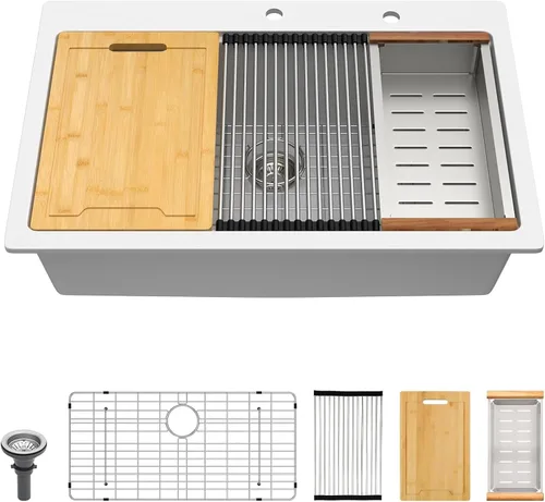 Vista 9 de Lordear Fregadero de Bar Empotrado de Granito Compuesto de 18 Pulgadas 18"x18" Fregaderos de Cocina de Cuarzo Compuesto Negro de Un Solo Tazón Bajo