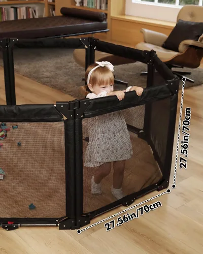 Vista 4 de Puerta de corral para bebés extra ancha con malla resistente al calor, valla plegable de 6 paneles para bebés, barrera de seguridad