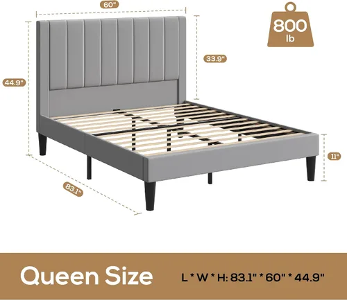 Vista 2 de Base de cama tapizada de terciopelo tamaño Queen con cabecero, listones de madera fuertes, somier opcional, base de colchón, fácil montaje, gris