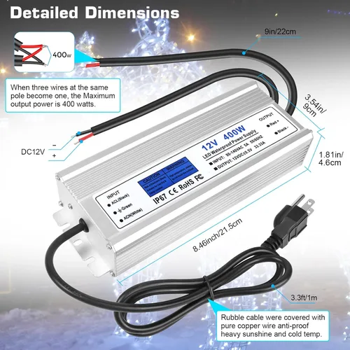 Vista 4 de Fuente de alimentación LED de 12 V 400 W, transformador de bajo voltaje impermeable IP67, convertidor de voltaje constante de CA a CC de 12 V 33.3 A